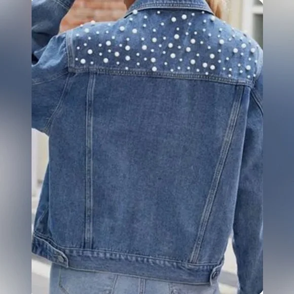 Pearl Embellished Denim Jean Jacket Button Front Long Sleeve Light Blue Wash - Picture 4 of 16